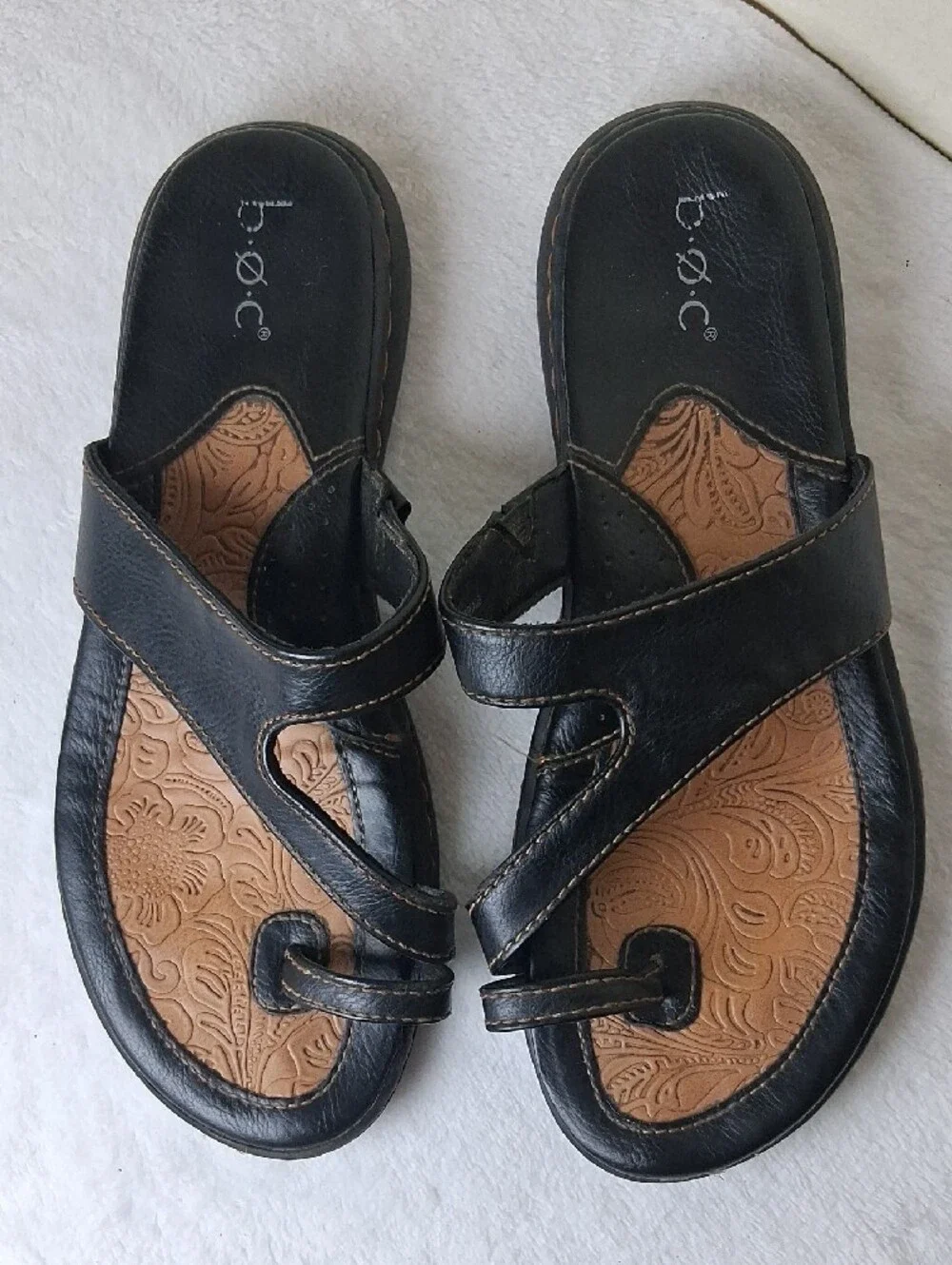 b.o.c. Black Slide Sandals with Tan Embossed Footbed